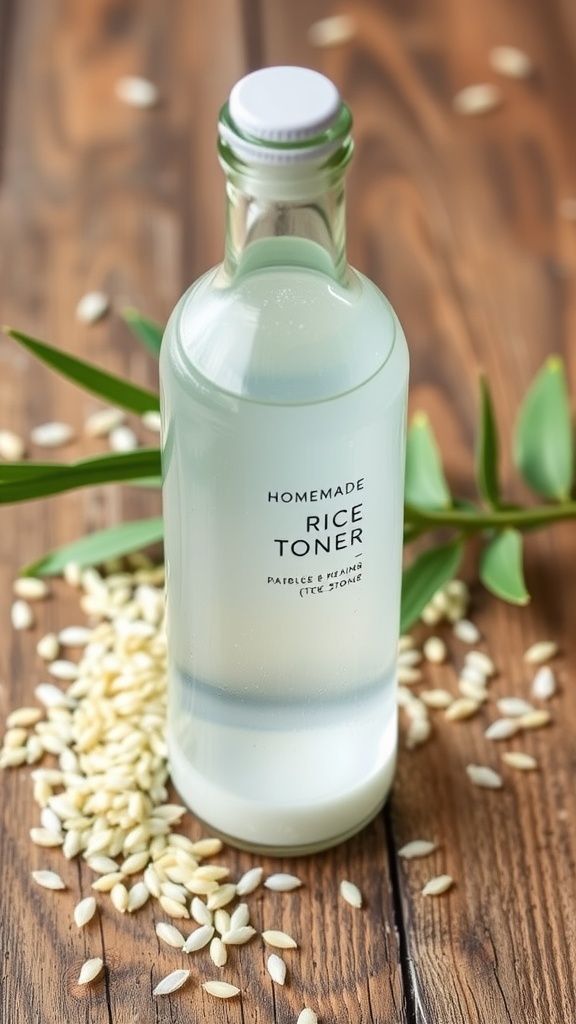 A glass bottle with rice toner on a wooden table with scattered rice grains and green leaves.
